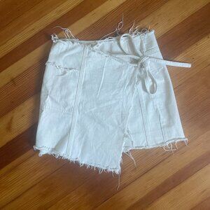 BDG White denim distressed white wrap mini skirt